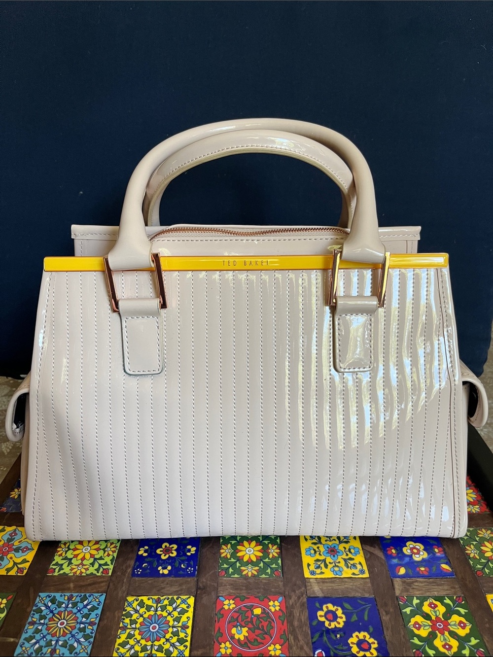 Ted Baker Cream Patent Leather Satchel with Yellow Trim